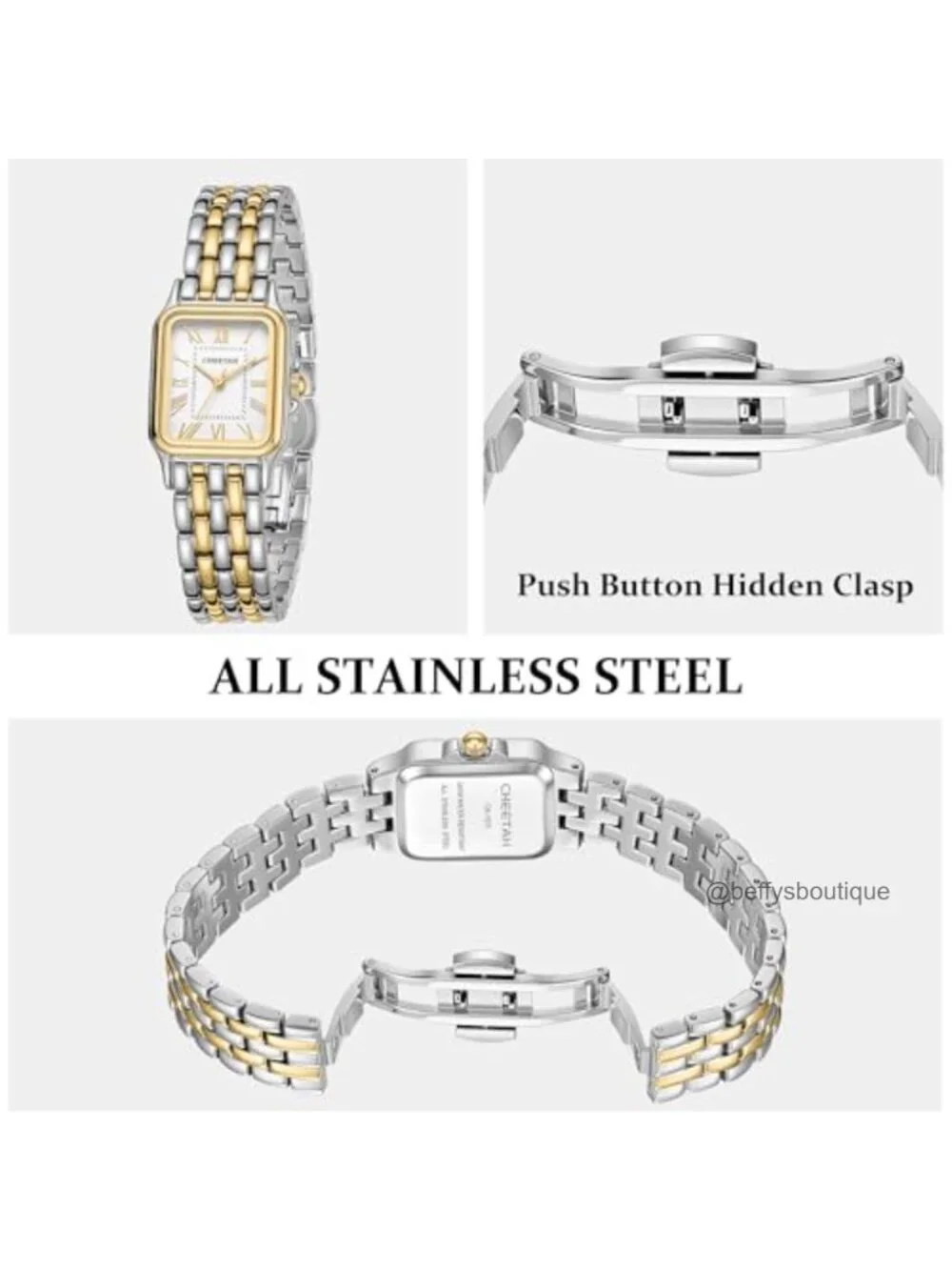 Vintage Rectangular Gold-Silver Stainless Steel Watch for Women with Roman